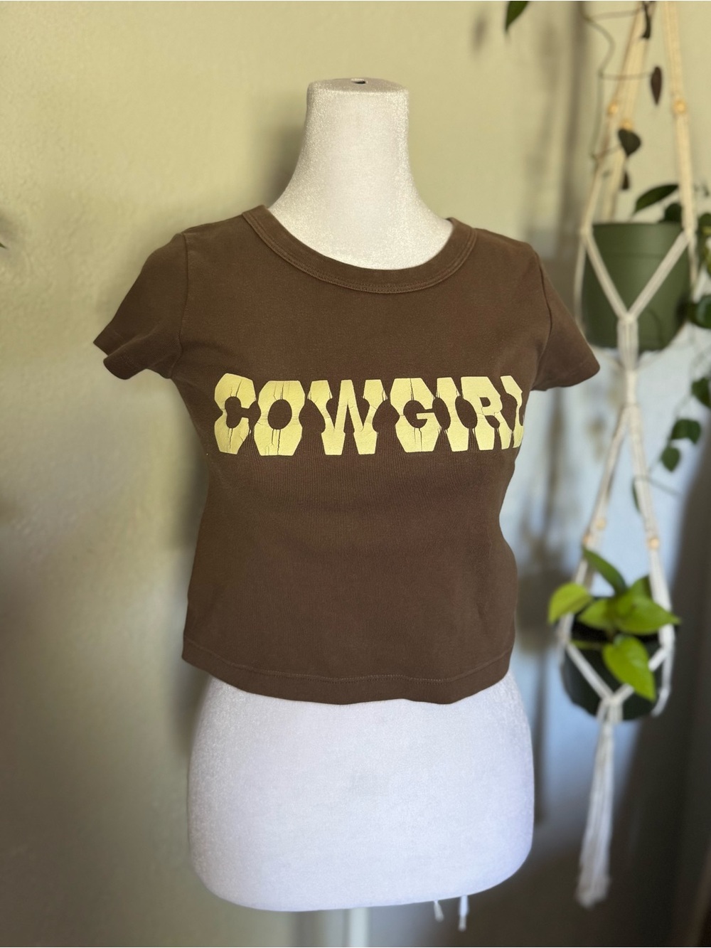Brandy Melville Brown Crop Tee with Yellow Cowgirl Graphic
